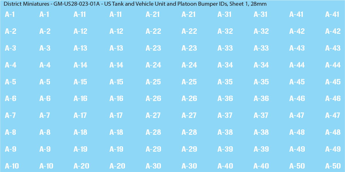 WW2 US - US Tanks and Vehicle Unit and Platoon Bumper IDs, 28mm Decals
