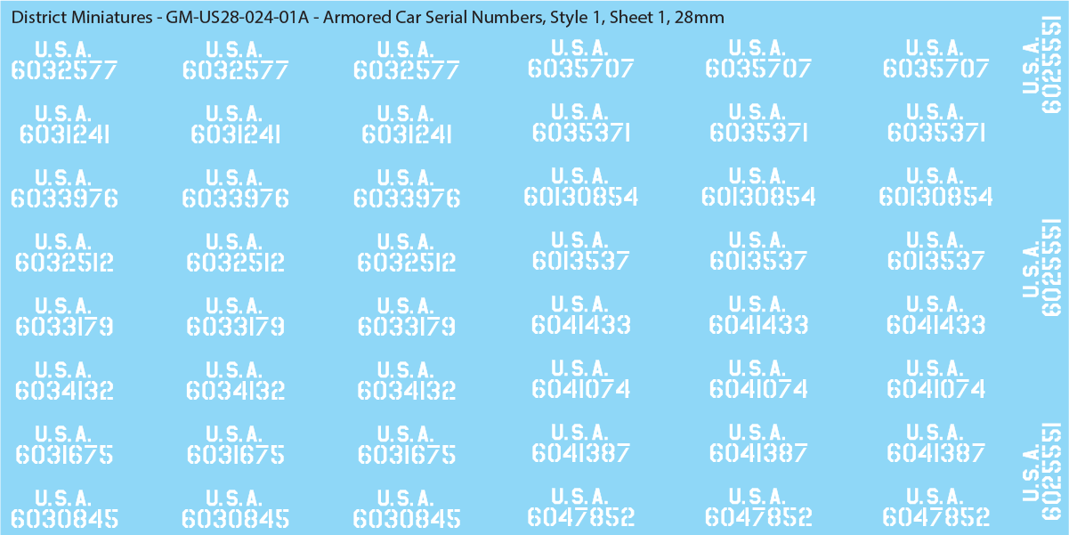 WW2 US Armored Car Vehicle Numbers, 28mm Decals