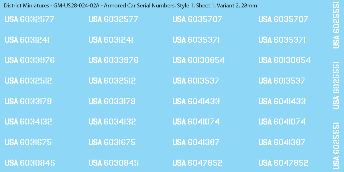 WW2 US Armored Car Vehicle Numbers, 28mm Decals