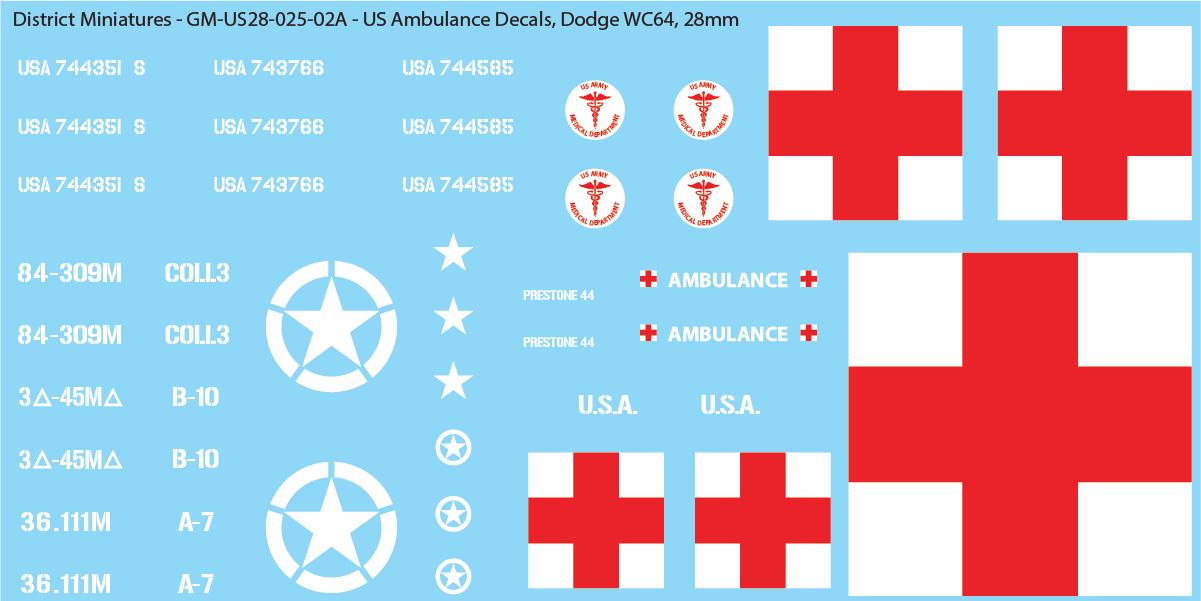US Ambulance Decals (Multiple Options), 28mm Decals