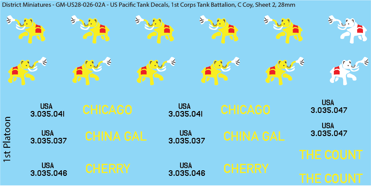 WW2 US Pacific Decals, 1st Corps Tank Battalion (Multiple Options), 28mm Decals