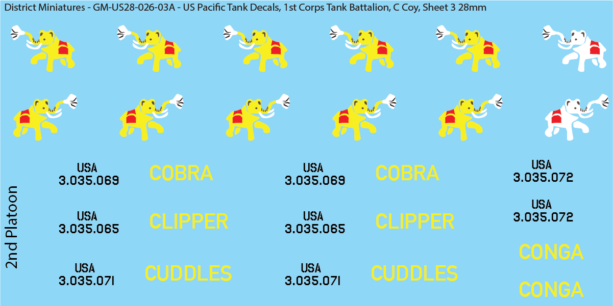 WW2 US Pacific Decals, 1st Corps Tank Battalion (Multiple Options), 28mm Decals