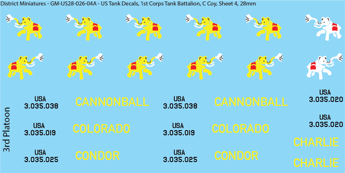 WW2 US Pacific Decals, 1st Corps Tank Battalion (Multiple Options), 28mm Decals