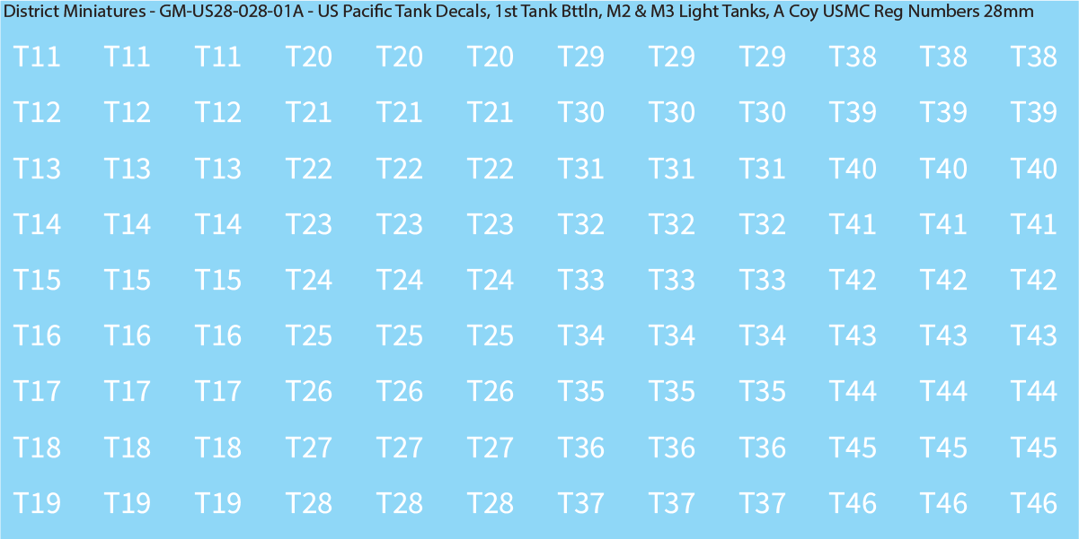 WW2 US Pacific Decals, 1st Tank Battalion M2 & M3 Light Tanks (Multiple Options), 28mm Decals