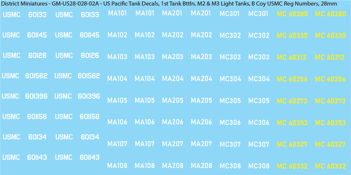 WW2 US Pacific Decals, 1st Tank Battalion M2 & M3 Light Tanks (Multiple Options), 28mm Decals