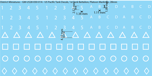 WW2 US Pacific Decals, 1st Tank Battalion, Platoon Markings, 28mm Decals