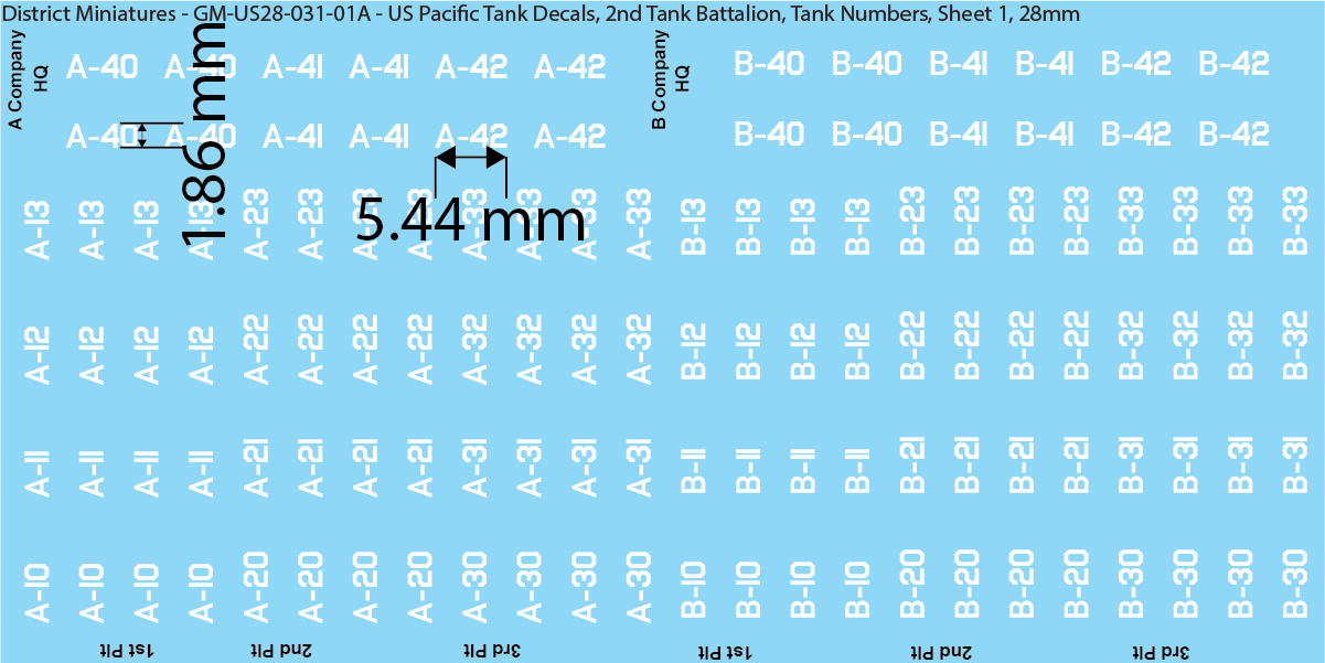 WW2 US Pacific Decals, 2nd Tank Battalion Tank Names and Numbers (Multiple Options), 28mm Decals