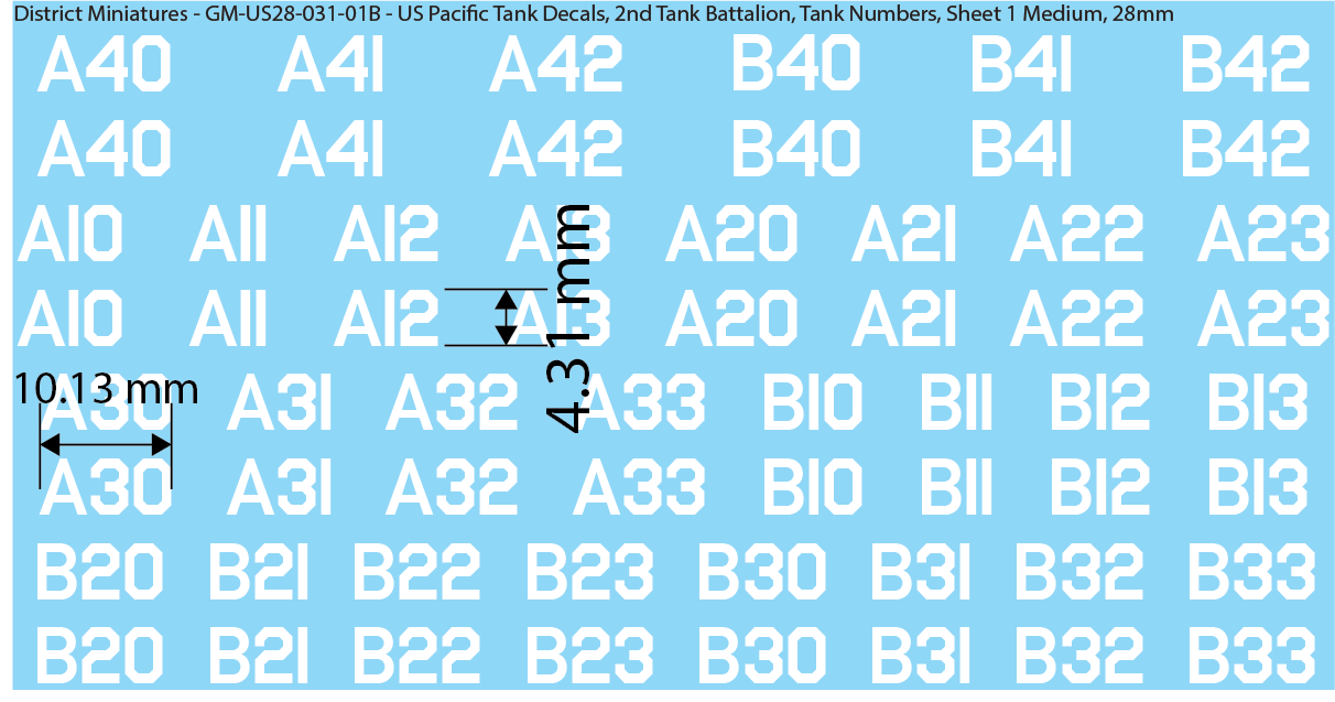 WW2 US Pacific Decals, 2nd Tank Battalion Tank Names and Numbers (Multiple Options), 28mm Decals