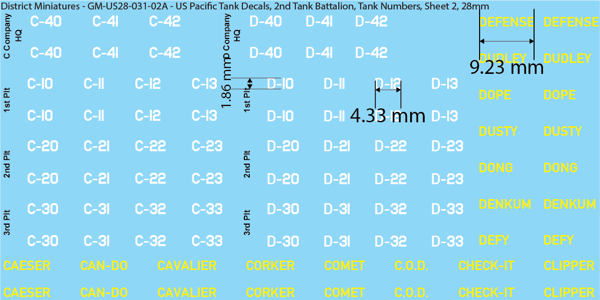 WW2 US Pacific Decals, 2nd Tank Battalion Tank Names and Numbers (Multiple Options), 28mm Decals