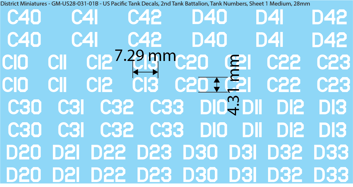 WW2 US Pacific Decals, 2nd Tank Battalion Tank Names and Numbers (Multiple Options), 28mm Decals