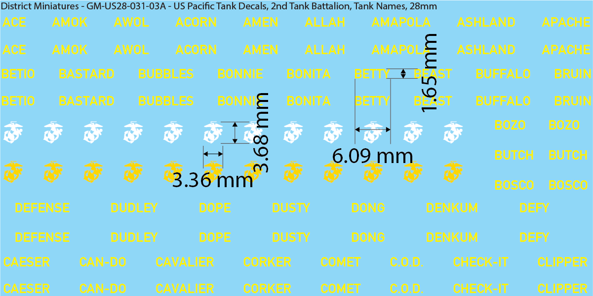 WW2 US Pacific Decals, 2nd Tank Battalion Tank Names and Numbers (Multiple Options), 28mm Decals