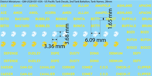 WW2 US Pacific Decals, 2nd Tank Battalion Tank Names and Numbers (Multiple Options), 28mm Decals