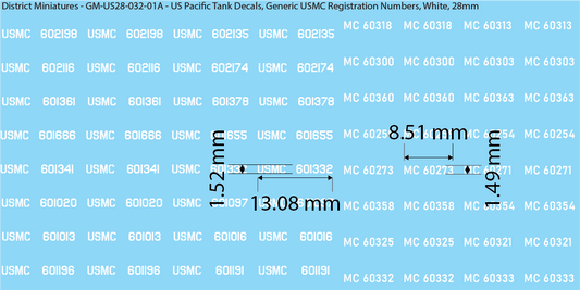 WW2 US Pacific Decals, Generic USMC Tank Registration Numbers (Multiple Options), 28mm Decals