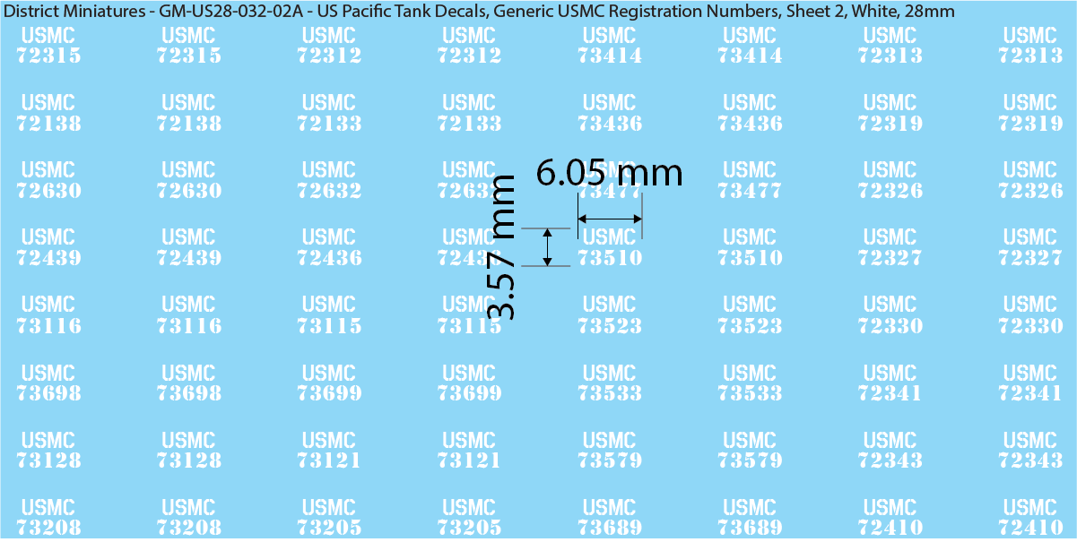 WW2 US Pacific Decals, Generic USMC Tank Registration Numbers (Multiple Options), 28mm Decals
