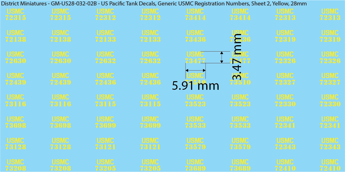 WW2 US Pacific Decals, Generic USMC Tank Registration Numbers (Multiple Options), 28mm Decals