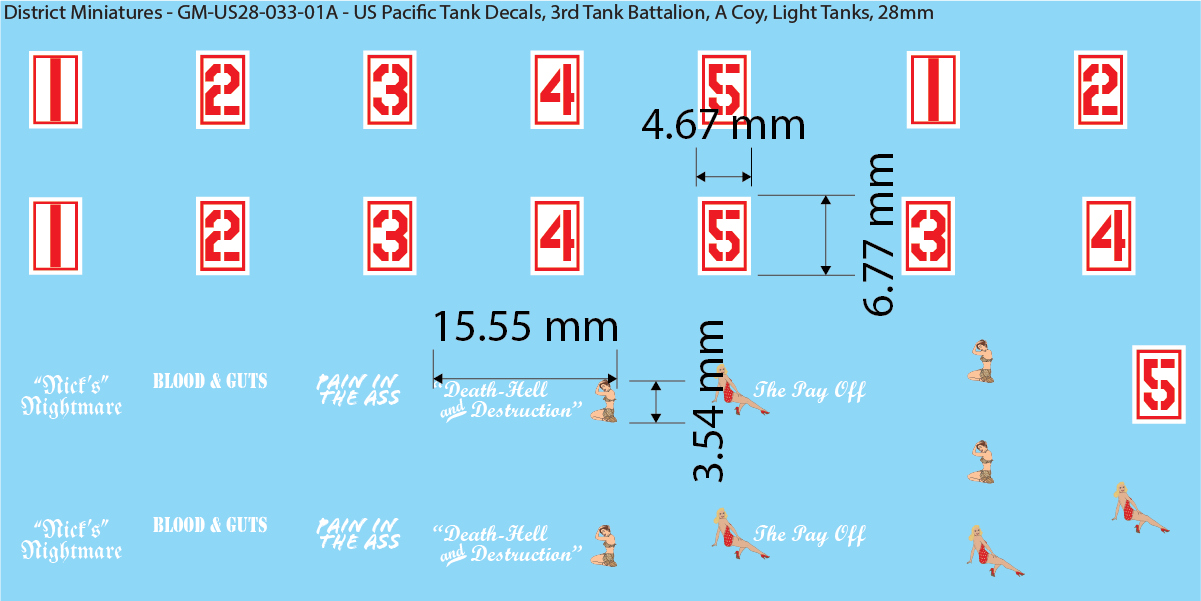 WW2 US Pacific Decals, 3rd Tank Battalion Decals (Multiple Options), 28mm Decals