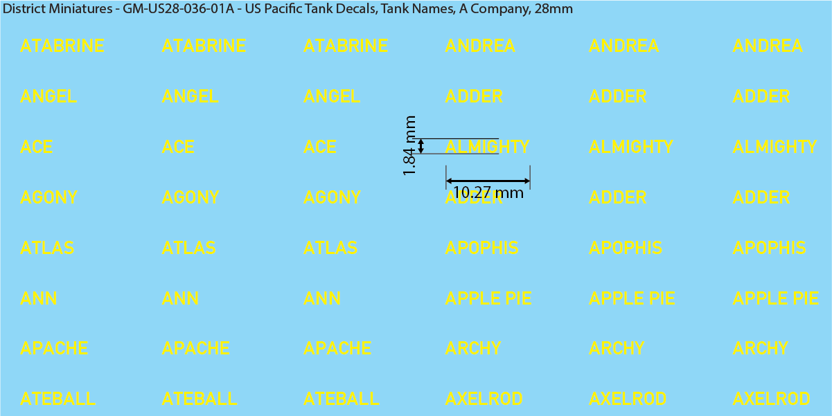 WW2 US Pacific Decals, Tank Names (Multiple Options), 28mm Decals