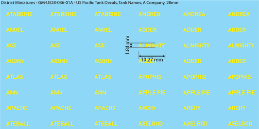 WW2 US Pacific Decals, Tank Names (Multiple Options), 28mm Decals