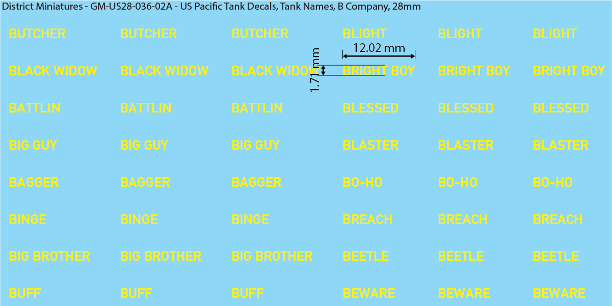 WW2 US Pacific Decals, Tank Names (Multiple Options), 28mm Decals