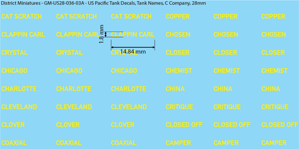WW2 US Pacific Decals, Tank Names (Multiple Options), 28mm Decals