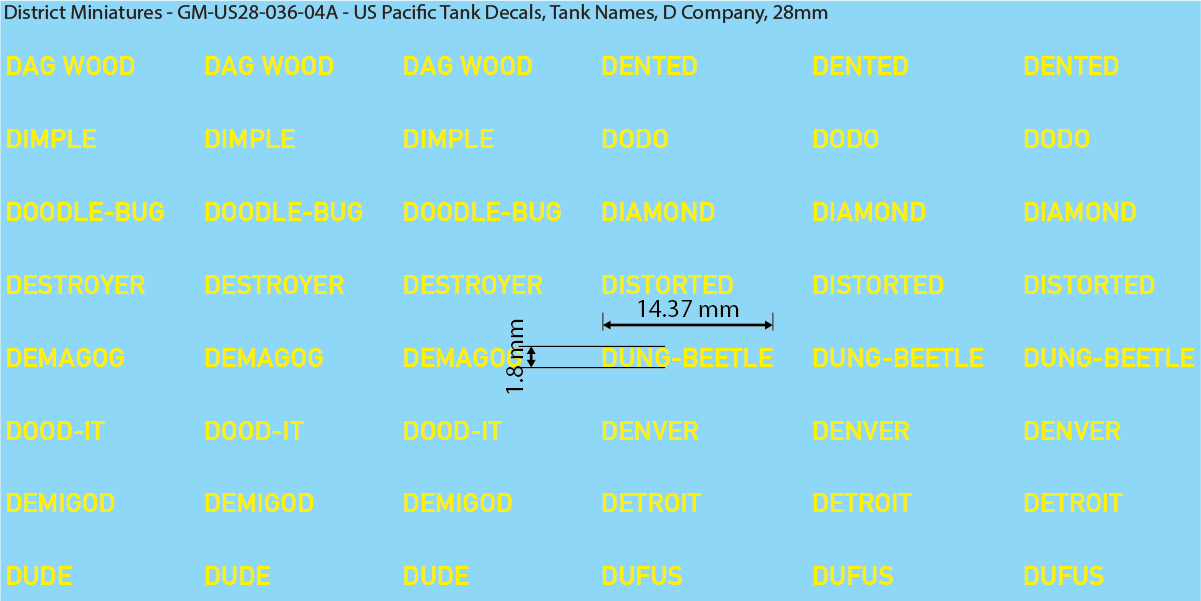 WW2 US Pacific Decals, Tank Names (Multiple Options), 28mm Decals