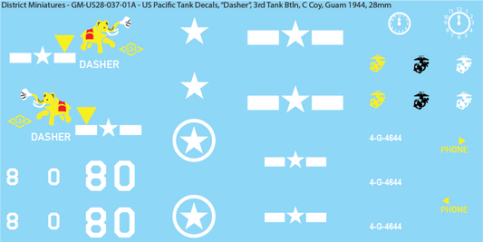 WW2 US Pacific Decals, Unique Sherman Tanks, 28mm Decals