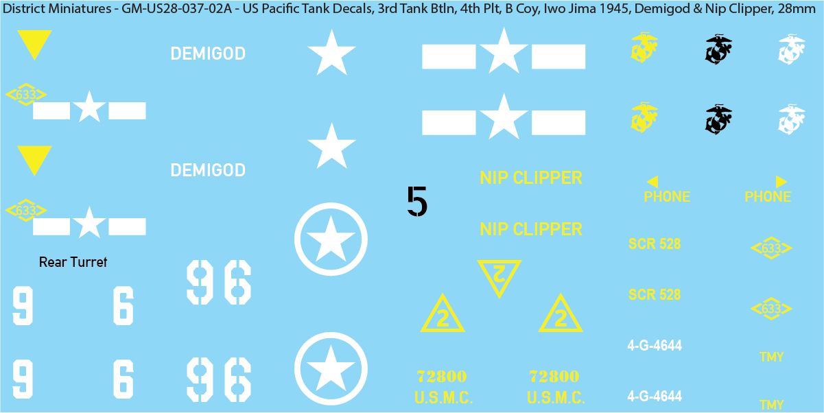 WW2 US Pacific Decals, Unique Sherman Tanks, 28mm Decals