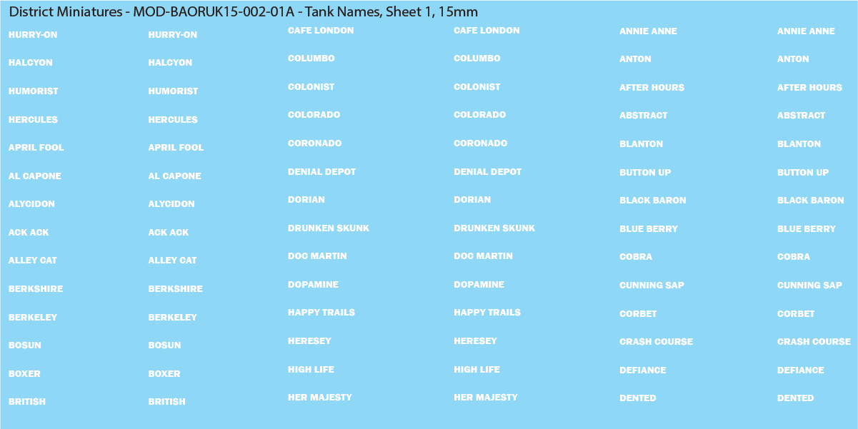 UK BAOR - Tank Names, 15mm