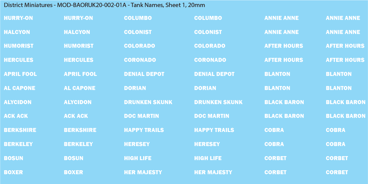 UK BAOR - Tank Names, 20mm