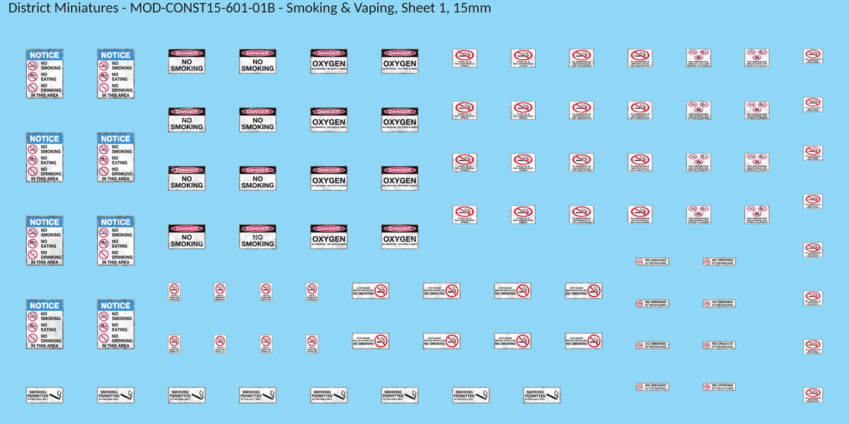 Smoking & Vaping, Sheet 1, 15mm decal sheet, weathered finish