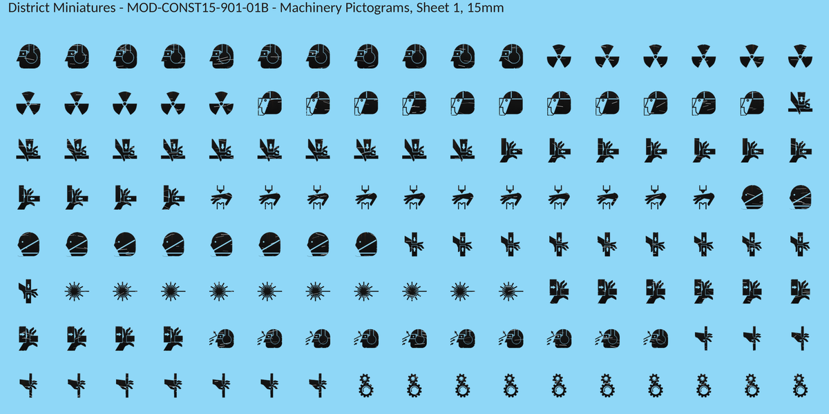 Machinery Pictograms, Sheet 1, 15mm decal sheet, weathered finish