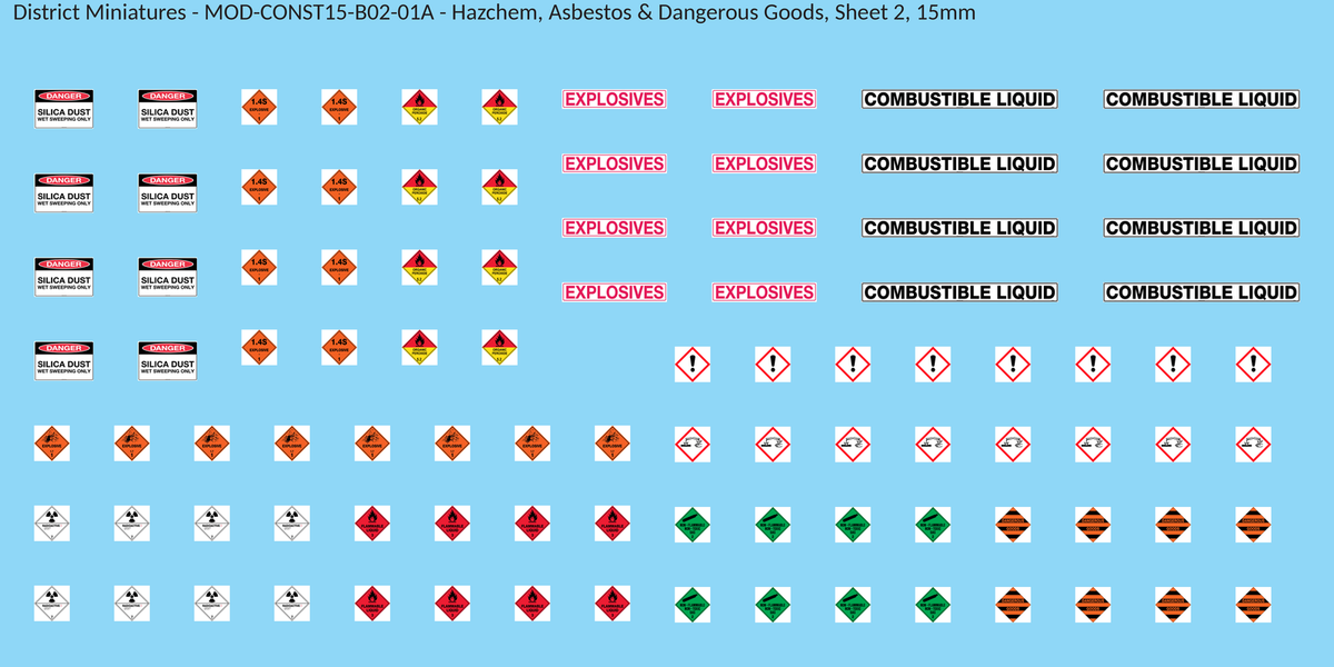 Hazchem, Asbestos & Dangerous Goods, Sheet 2, 15mm decal sheet, clean finish