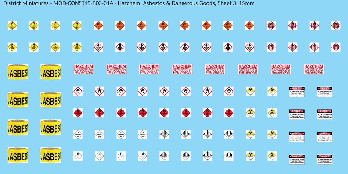 Hazchem, Asbestos & Dangerous Goods, Sheet 3, 15mm decal sheet, clean finish