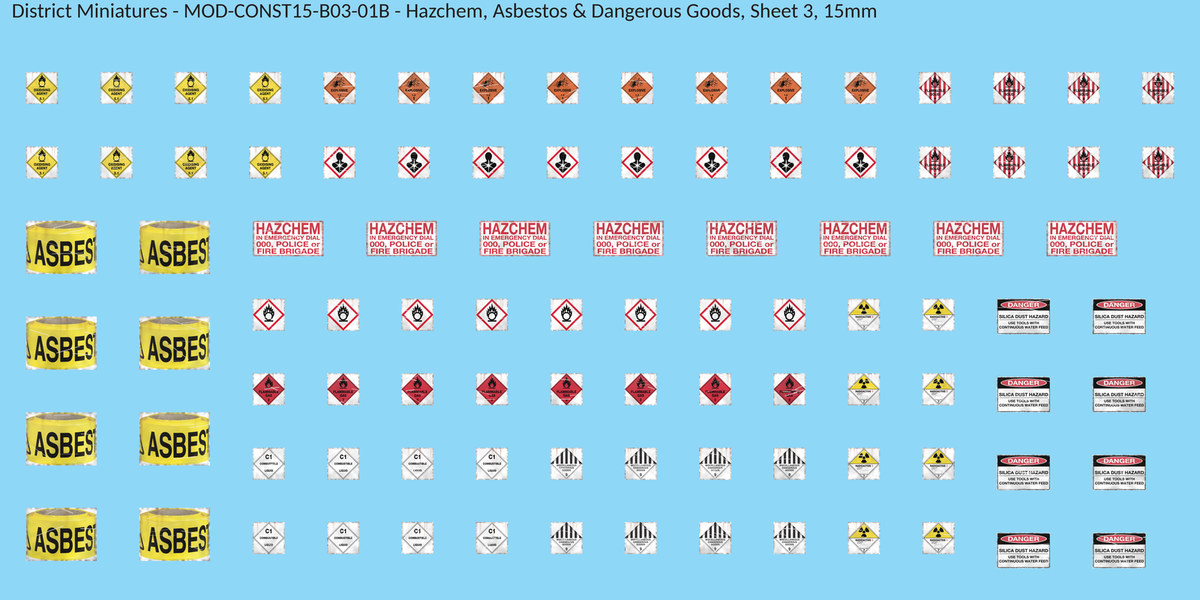 Hazchem, Asbestos & Dangerous Goods, Sheet 3, 15mm decal sheet, weathered finish