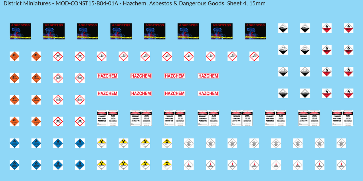 Hazchem, Asbestos & Dangerous Goods, Sheet 4, 15mm decal sheet, clean finish