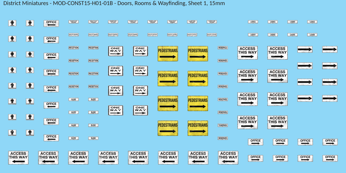 Doors, Rooms & Wayfinding, Sheet 1, 15mm decal sheet, weathered finish