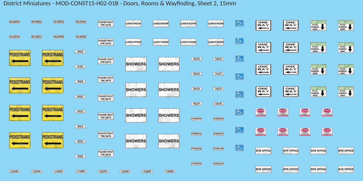 Doors, Rooms & Wayfinding, Sheet 2, 15mm decal sheet, weathered finish