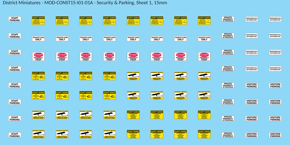 Security & Parking, Sheet 1, 15mm decal sheet, clean finish