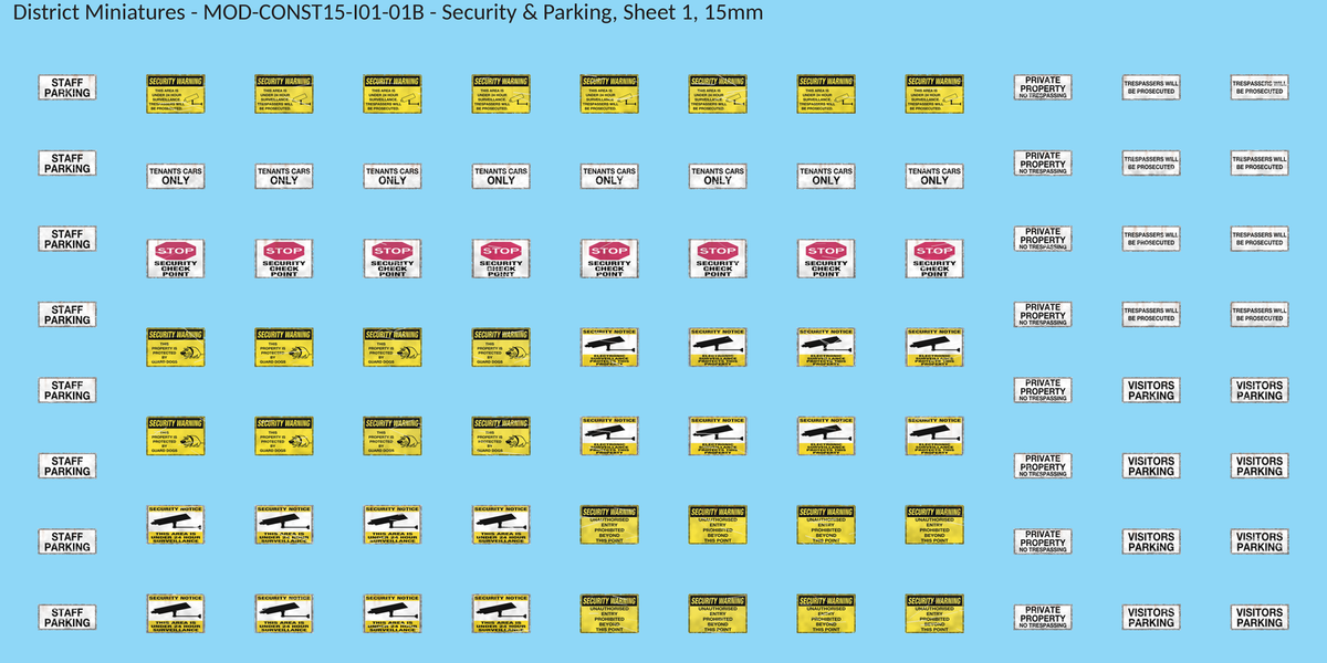 Security & Parking, Sheet 1, 15mm decal sheet, weathered finish