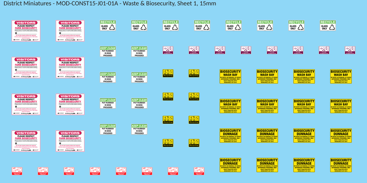 Waste & Biosecurity, Sheet 1, 15mm decal sheet, clean finish