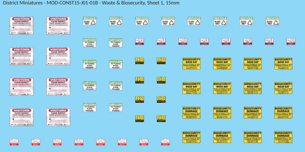 Waste & Biosecurity, Sheet 1, 15mm decal sheet, weathered finish