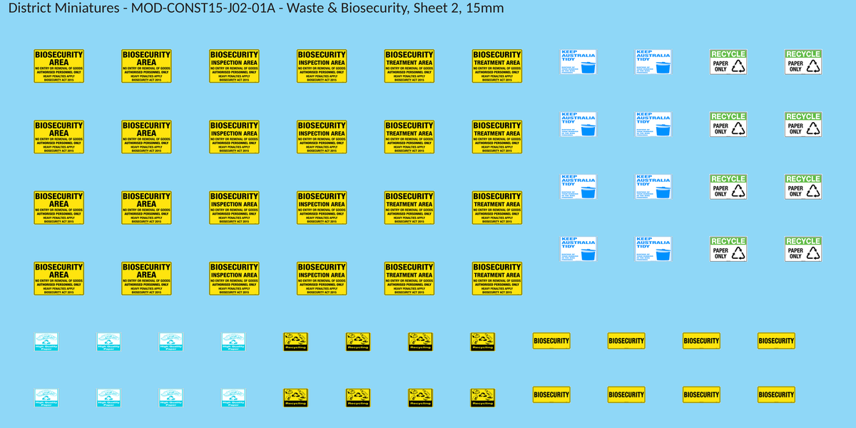 Waste & Biosecurity, Sheet 2, 15mm decal sheet, clean finish