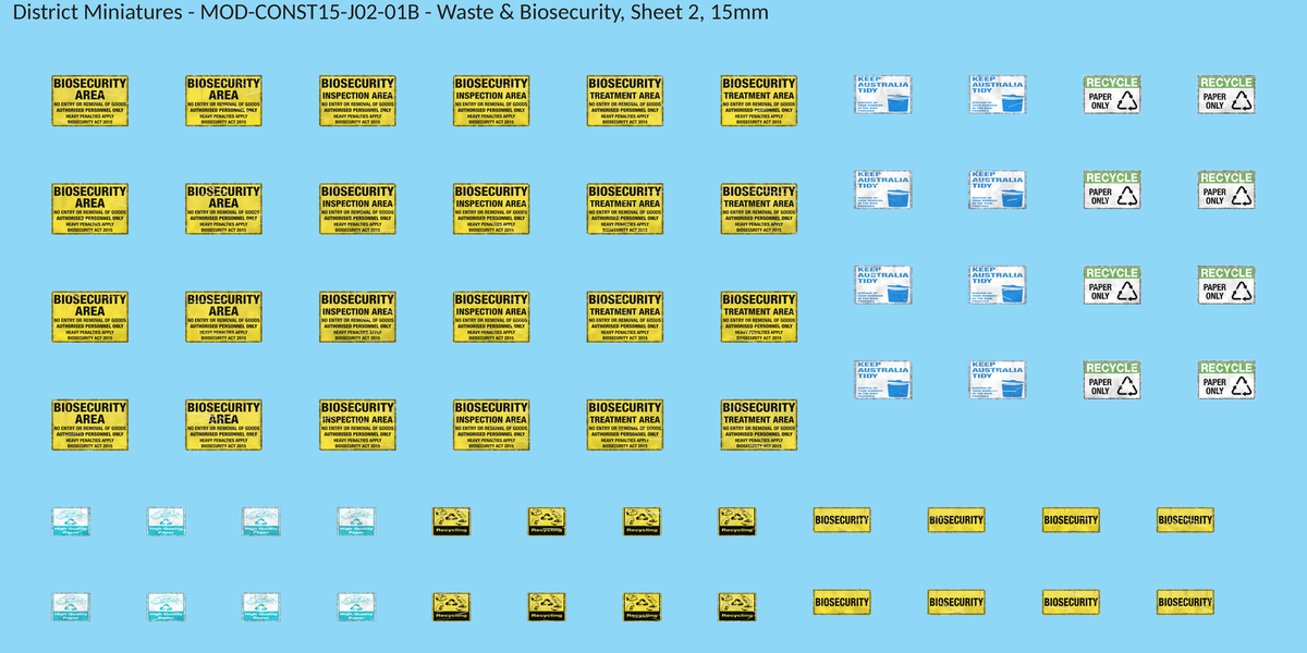 Waste & Biosecurity, Sheet 2, 15mm decal sheet, weathered finish