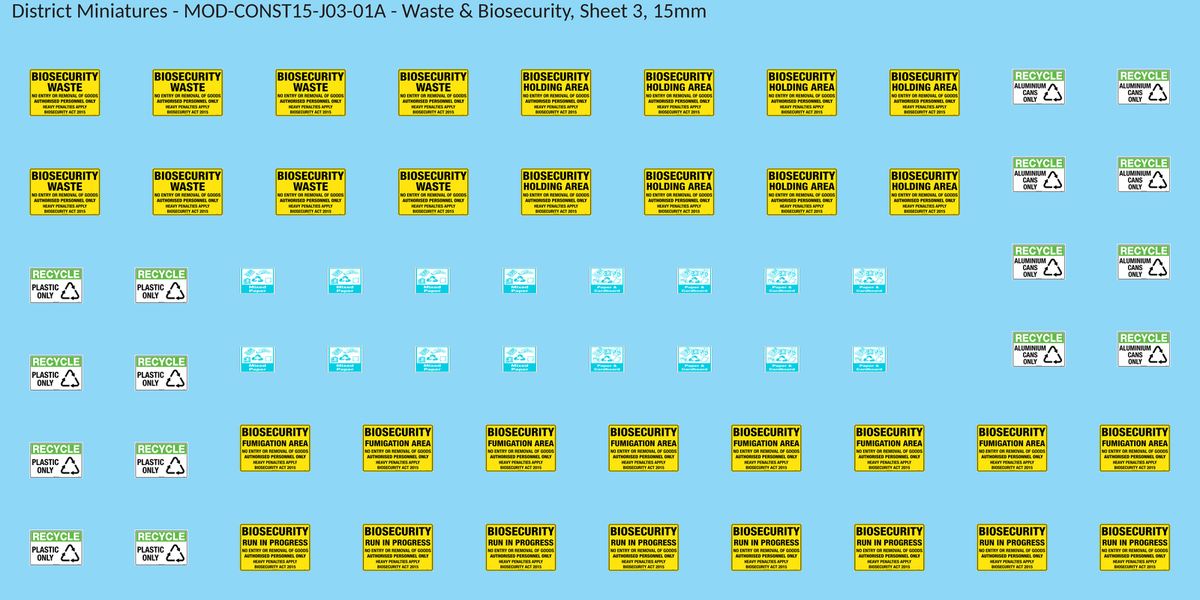Waste & Biosecurity, Sheet 3, 15mm decal sheet, clean finish