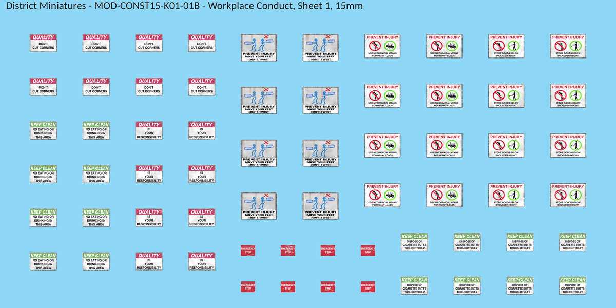 Workplace Conduct, Sheet 1, 15mm decal sheet, weathered finish