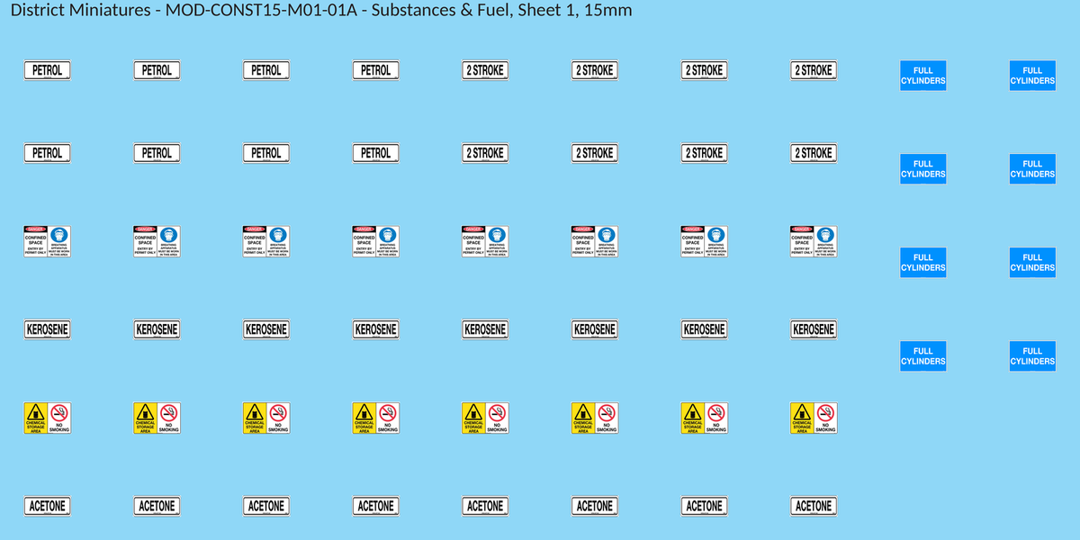 Substances & Fuel, Sheet 1, 15mm decal sheet, clean finish
