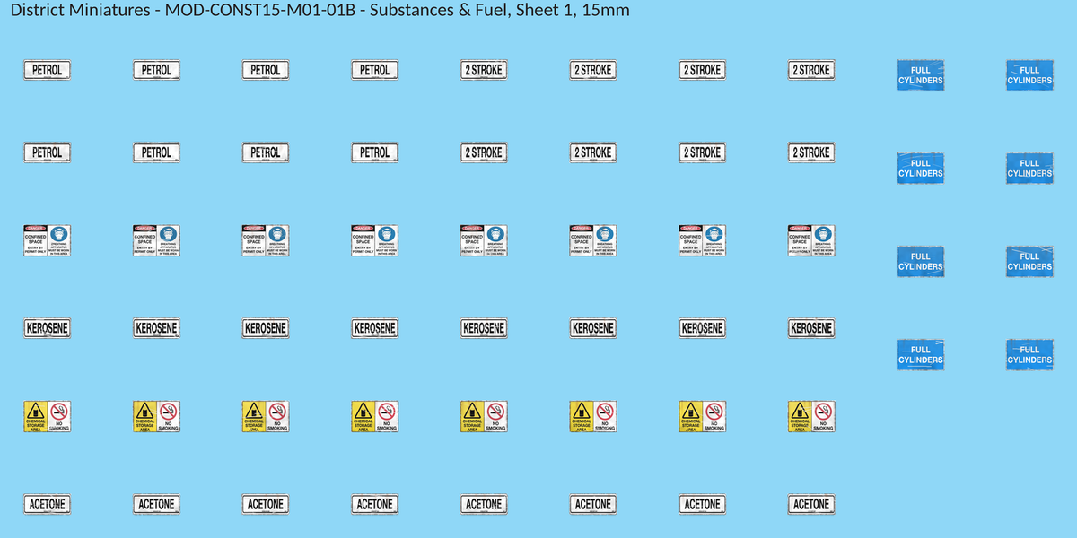 Substances & Fuel, Sheet 1, 15mm decal sheet, weathered finish
