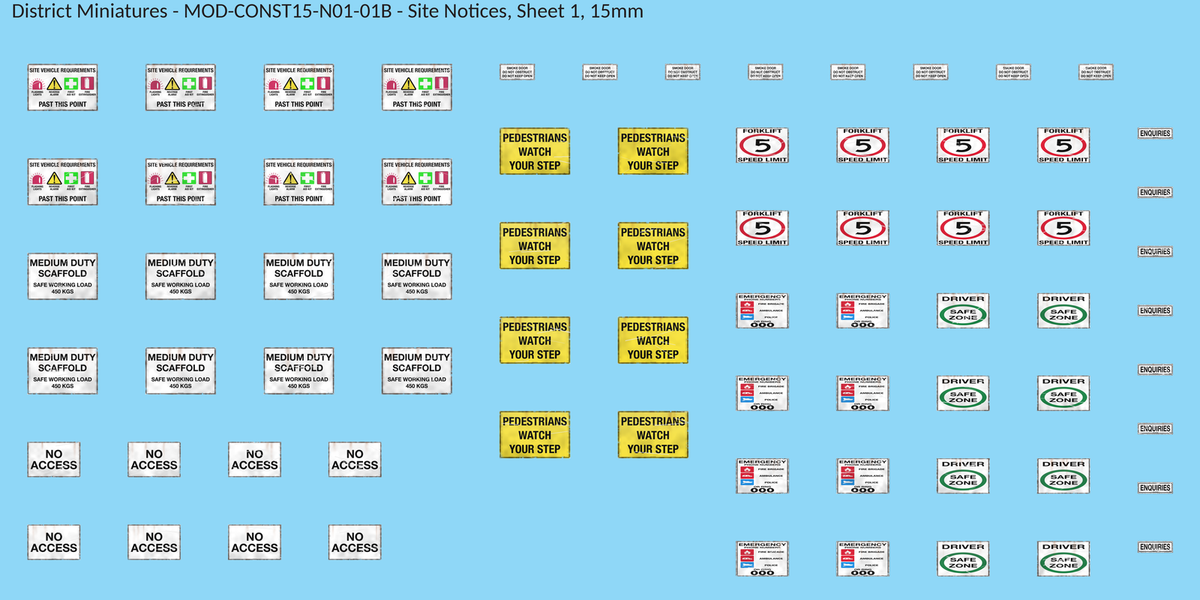 Site Notices, Sheet 1, 15mm decal sheet, weathered finish