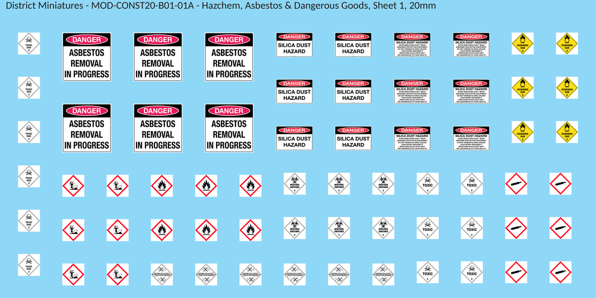 Hazchem, Asbestos & Dangerous Goods, Sheet 1, 20mm decal sheet, clean finish