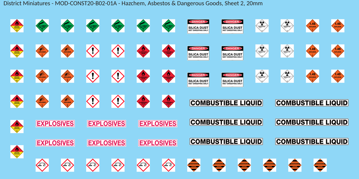 Hazchem, Asbestos & Dangerous Goods, Sheet 2, 20mm decal sheet, clean finish